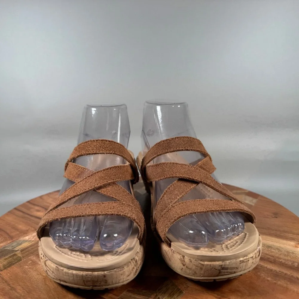 Crocs Leigh II Suede Wedge Sandals Womens 8 Brown Espresso Cork Strappy Platform